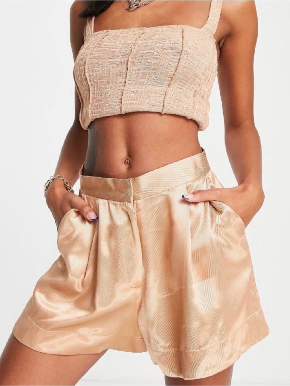 ASOS Satin Twill High Waist Shorts in Champagne